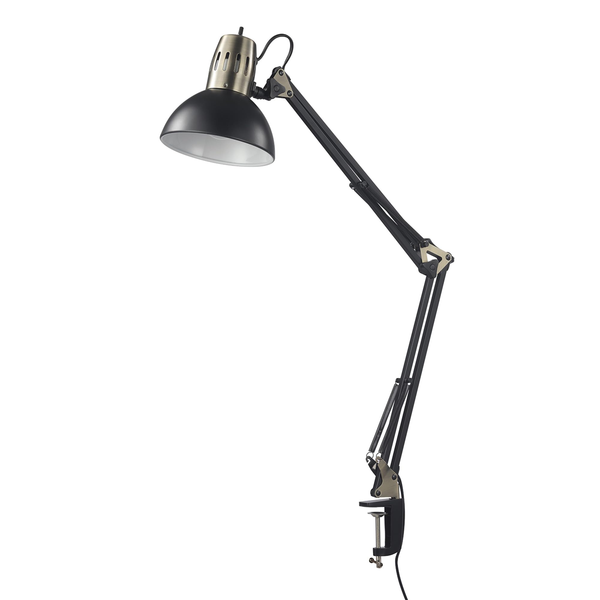 Globe Electric 62000009 32'' Multi-Joint Desk Lamp With Metal Clamp, Matte Black, Antique Brass Accents, On/Off Rotary Switch On