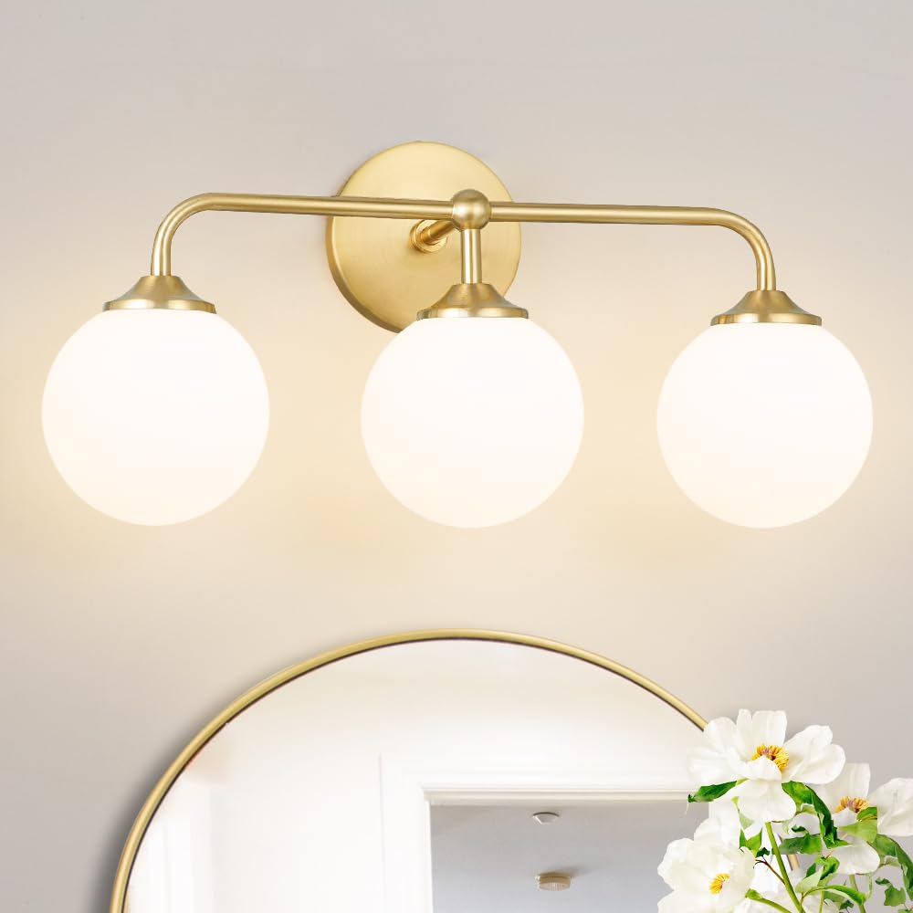 Modern Brushed Gold 3-Lights Vanity Light Fixtures With Milky White Glass Ball Shades  Mid Century Brass Wall Sconce Lighting Fixtures Over Mirror  Wall Sconces For Bathroom Dressing Table Bedroom