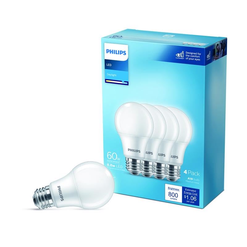 Philips A19 E26 (Medium) Led Bulb Daylight 60 Watt Equivalence 4 Pk