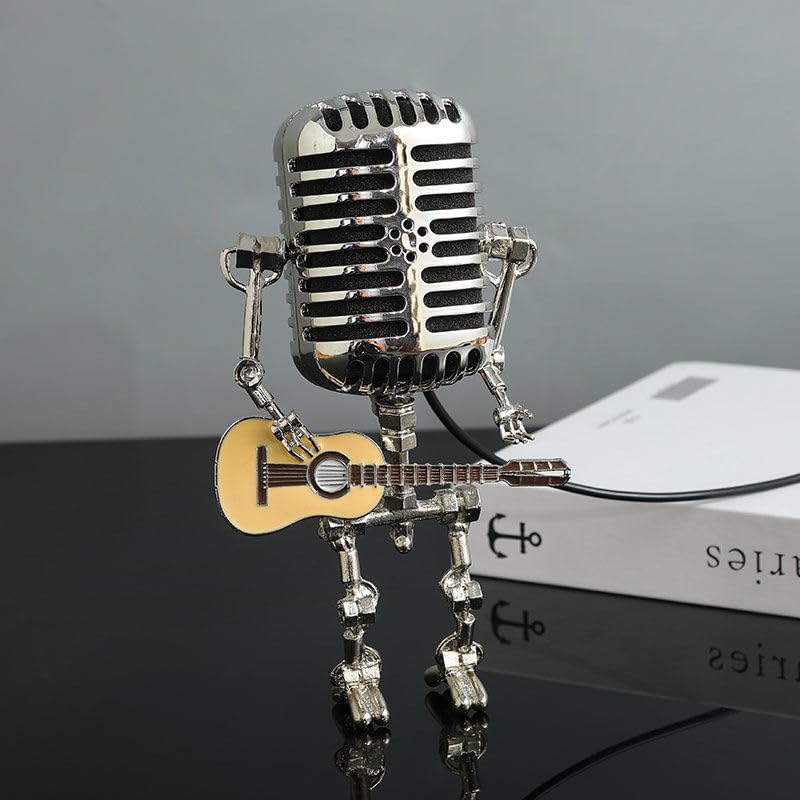 Generic Vintage Microphone Guitar Lamp - USB Powered, Silver, Retro Design for Music Lovers and Guitar Players