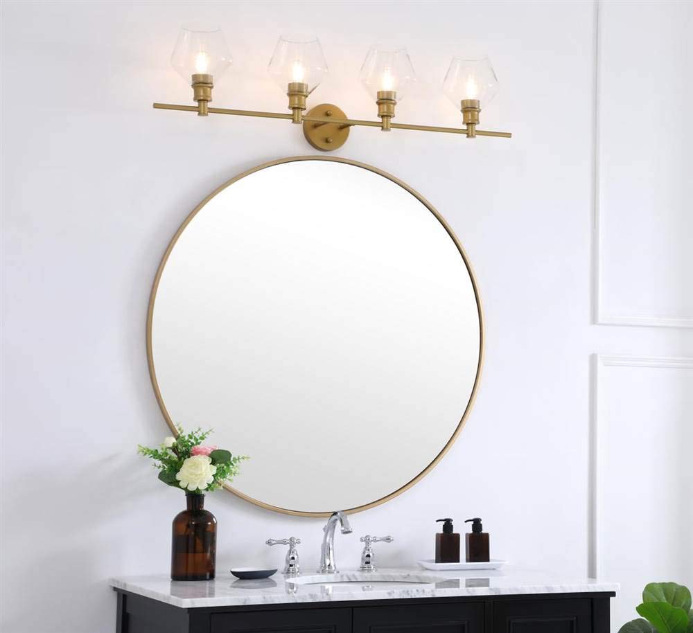 Living District Gene Industrial Mid-Century Modern 4 Light Entryway and Bathroom Wall Sconce in Brass and Clear Glass