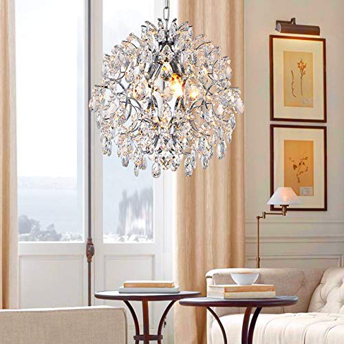 Bestier Modern Pendant Chandelier, Crystal Raindrop Design, 16" D x 18" H, Chrome Finish, 3 E12 Bulbs Required, Ideal for Dining Room, Bedroom,