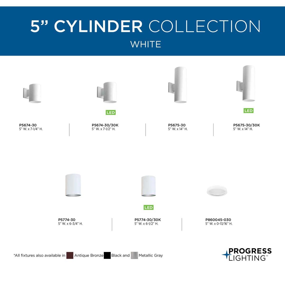 Progress Lighting 5in Cylinder Outdoor Wall Lantern, 14 Inch Tall, Die Cast Aluminum, White LED, Model P5675-30/30K