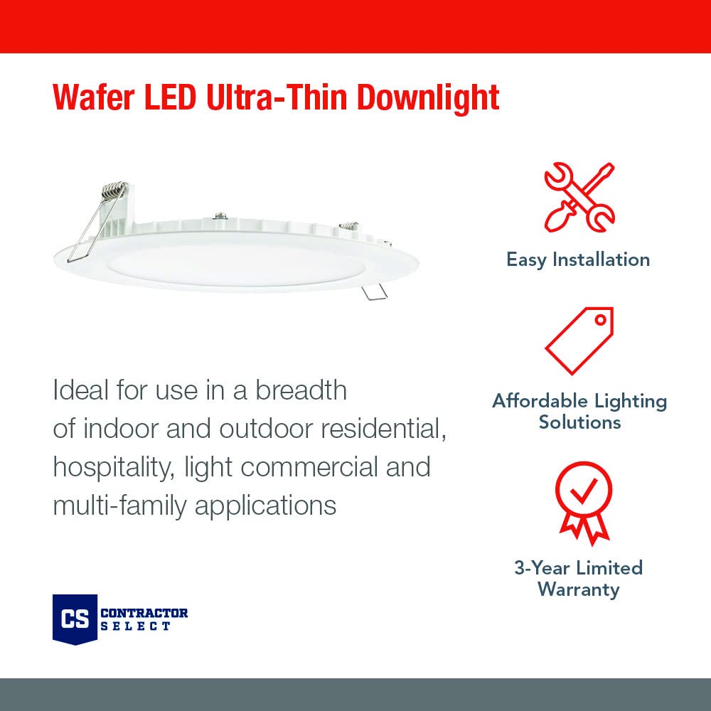 Juno Round LED Wafer Downlight, 6-Inch Ultra Thin Trim, 120V, Switchable Color Temp 2700K-5000K, Brushed Nickel, Model WF6