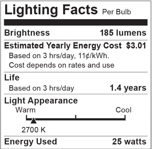 Satco S6040 A19 Incandescent Light Bulb, 25 Watt, 185 Lumens, Soft White 2700K, Clear, 2-Pack