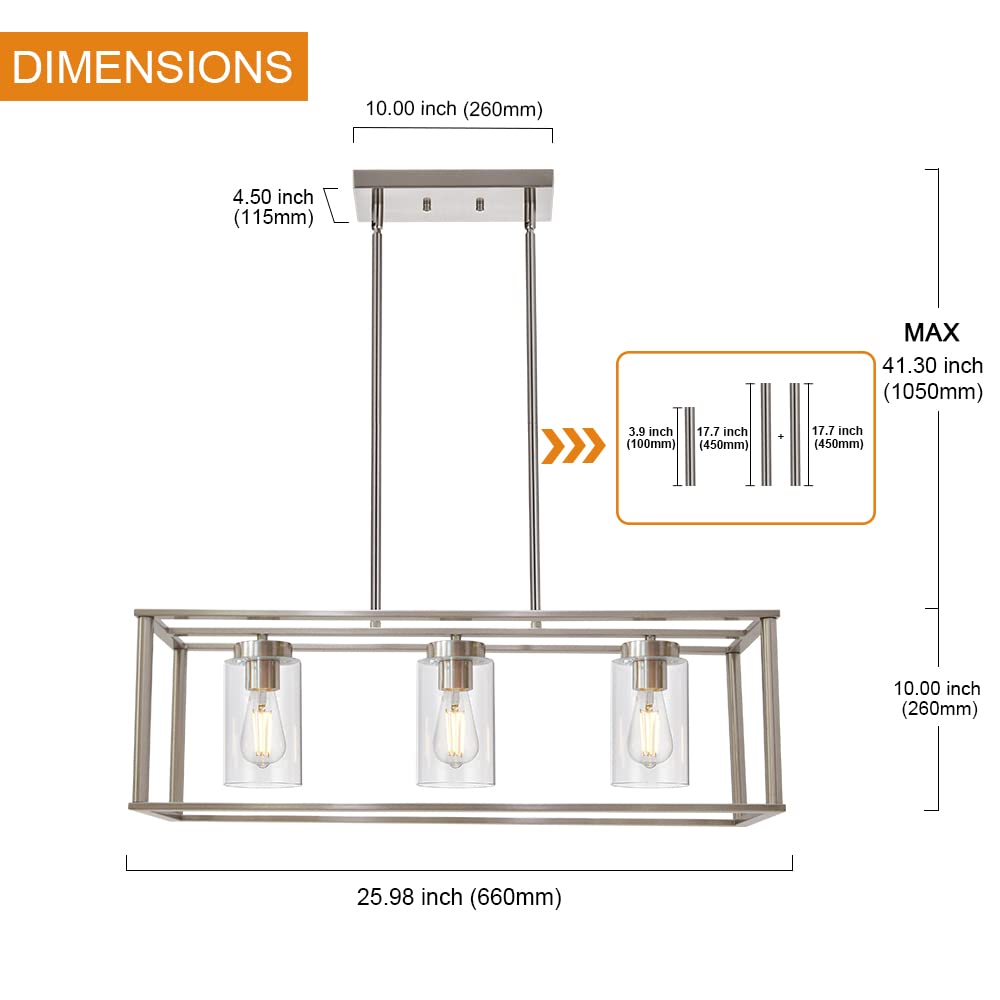 VINLUZ 3-Light Linear Chandelier, Brushed Nickel with Clear Glass Shade, Modern Pendant Light Fixture for Kitchen Island & Dining Room, Model 1811-3-SN
