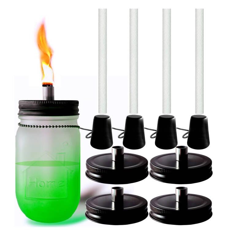 4 Pack Mason Jar Outdoor Tabletop Torch Kit Set, Fiberglass Wicks,Stainless Steel Lid with Outfire Cover Caps,6-inch High,for Pa