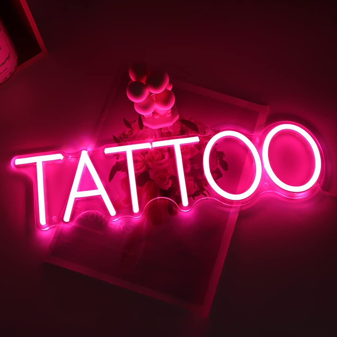 Britrio Neon Sign Light - Pink TATTOO Wall Art Decor for Salon, Studio, Shop - 15.75x4.17 inches, Acrylic, USB Powered with Dimmer