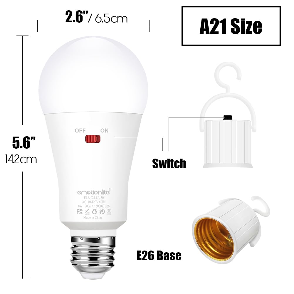 Emotionlite Rechargeable Emergency Light Bulb, 1800mAh Battery, 3 Brightness Levels, E26 Base, 5000K, 1 Pack