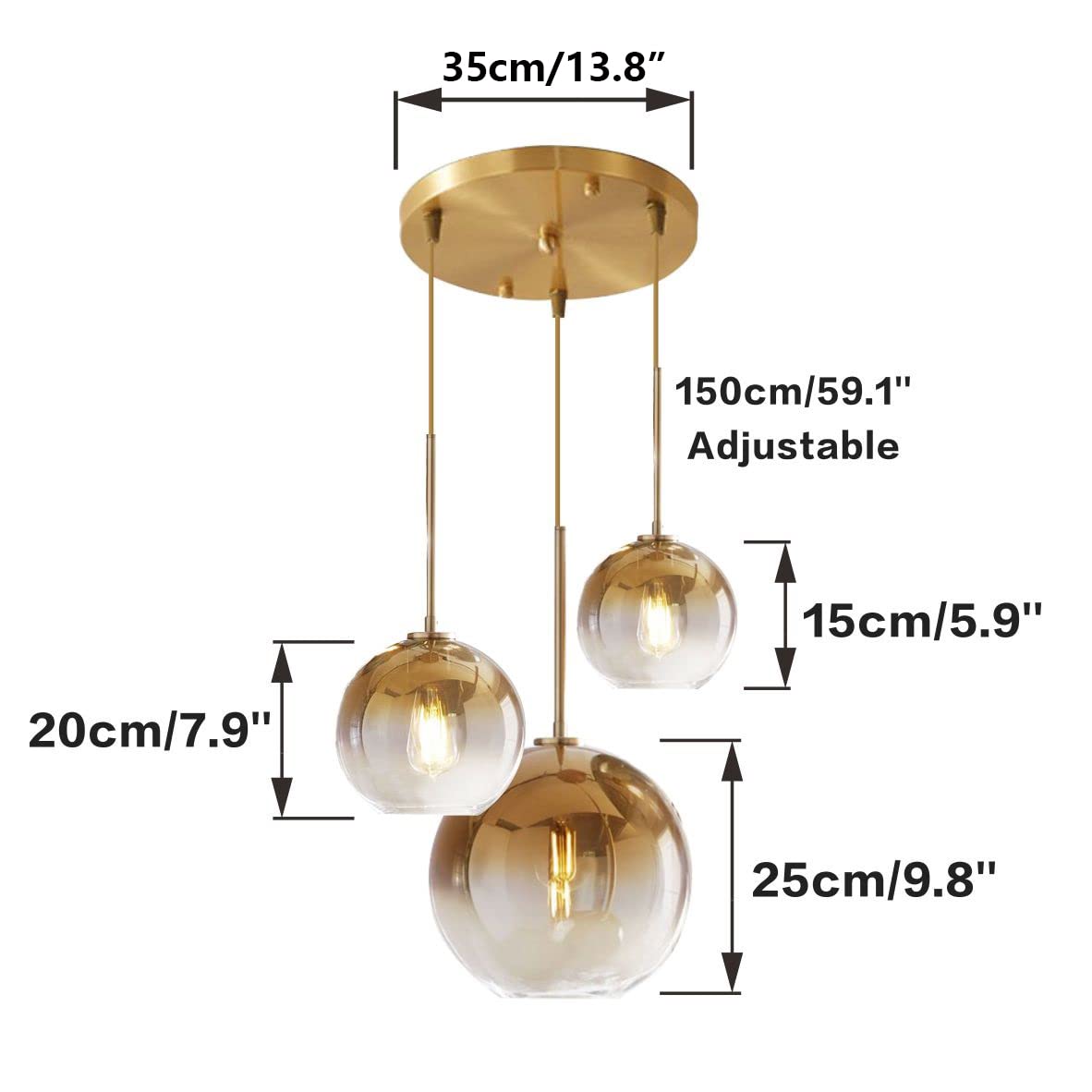 KCO Gold Cluster Pendant Light, 3-Light Chandelier, Mid Century Modern, Metal, 15*20*25cm, Model L1107, Color G-15-20-25