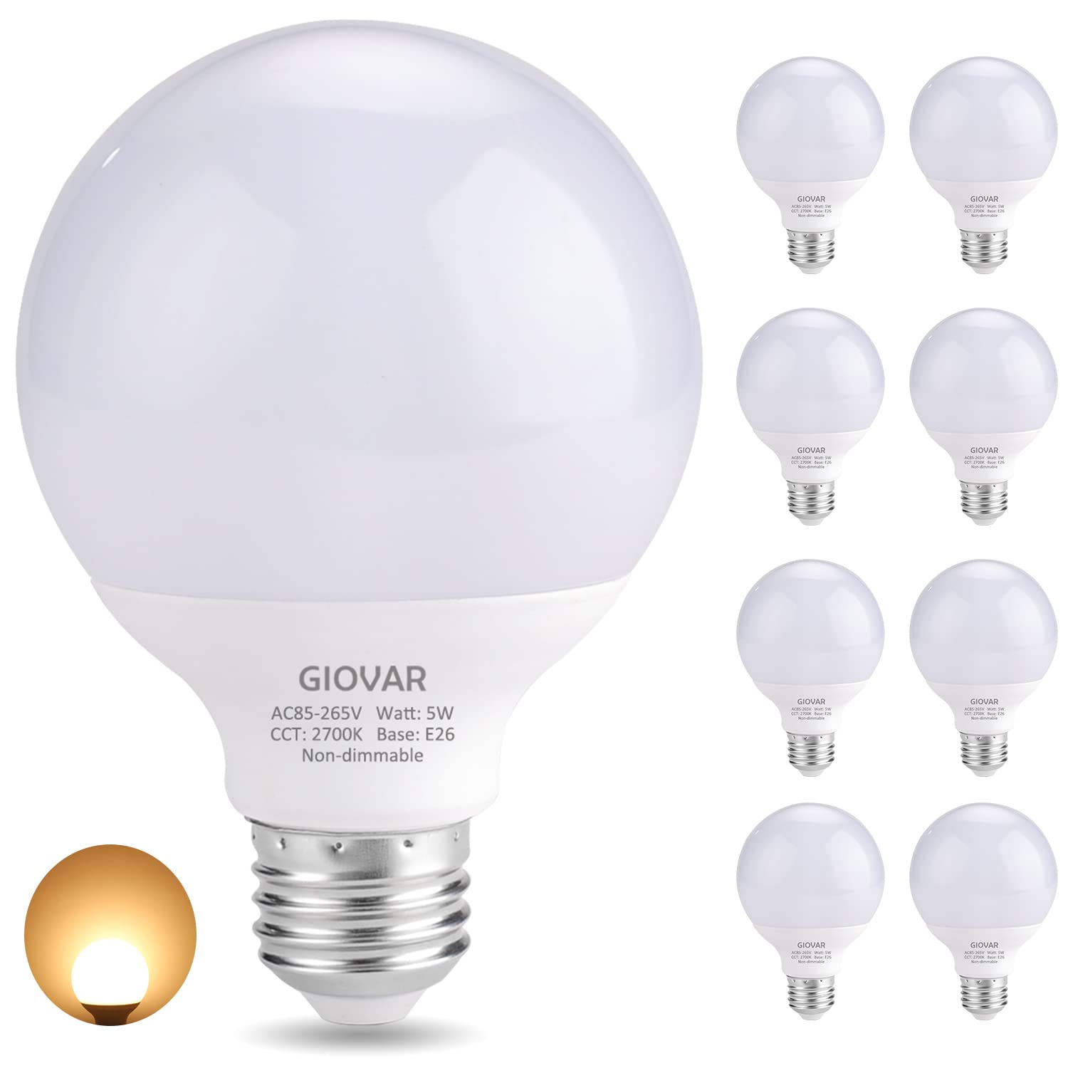 Giovar 8-Pack G25 Led Vanity Light Bulbs 120V 40 Watt Equivalent, E26 Base, 2700K Warm White Led Globe Light Bulbs For Bathroom 