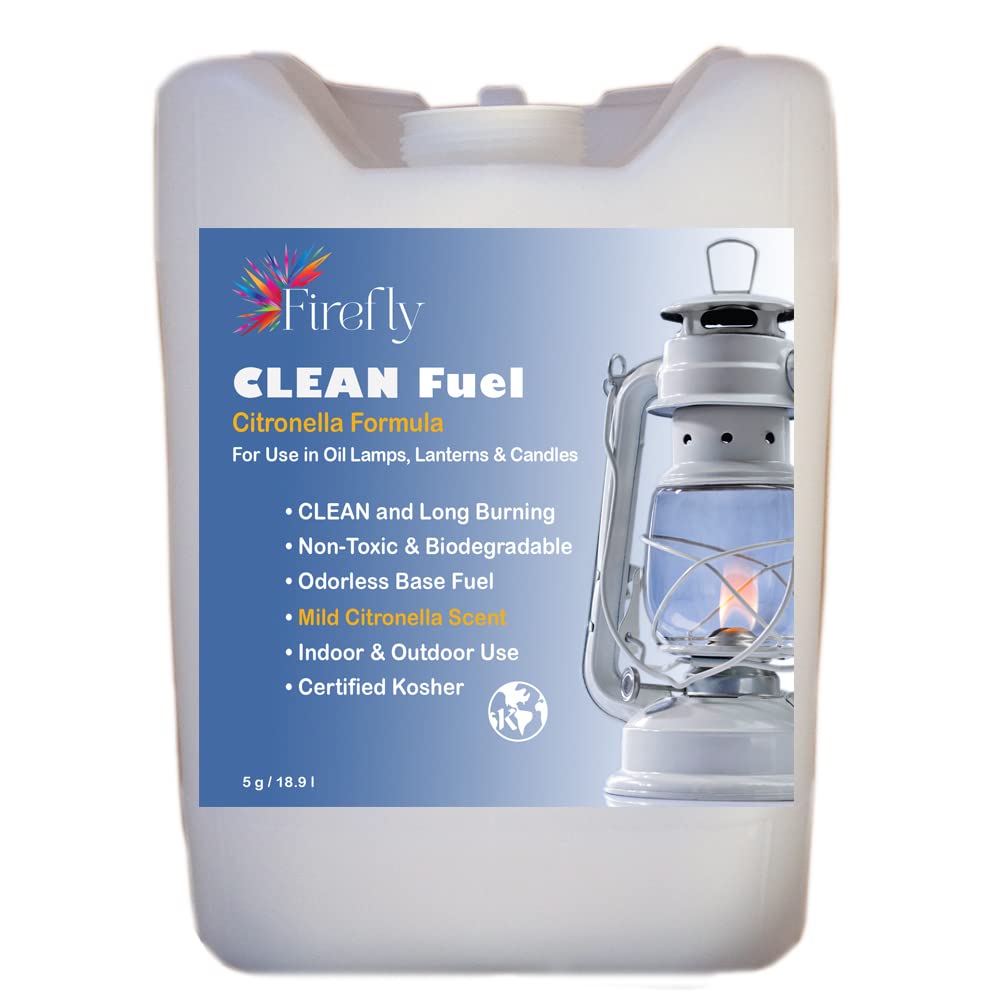Firefly Kosher Citronella Clean Fuel Lamp Oil - Smokeless, Virtually Odorless, and Non-Toxic - Long-Lasting Burn Time for Indoor & Outdoor Lamps - 5 Gallons - Made in USA