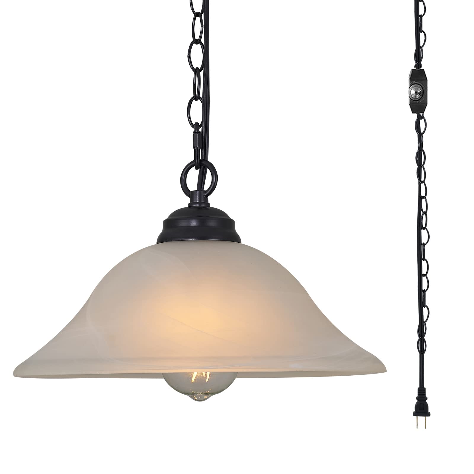 Shengqingtop Black Pendant Light With Alabaster Glass Shade, Dimmable Switch, 16.4Ft Cord