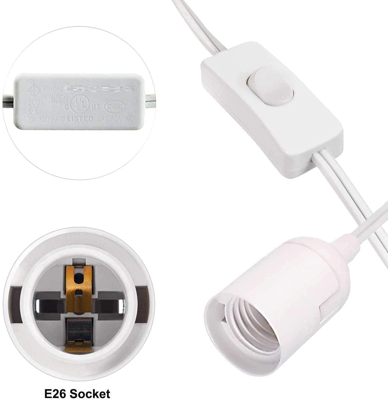 Simple Deluxe 20 Feet Extension Hanging Lantern Pendant Light Cord, E26 Socket, On/Off Switch, White, 2 Pack