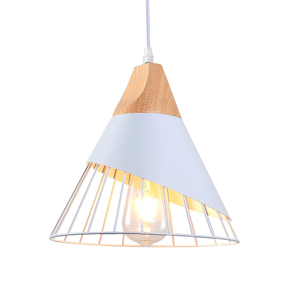 Mxsaoud White Pendant Lights For Kitchen Island,Adjustable Wood Hanging Light Fixture,Industrial Pendant Lighting For Dining Roo