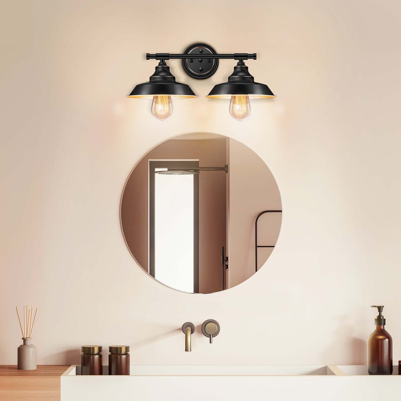 Elibbren Vintage 2-Light Wall Sconce, Matte Black Metal Bath Fixture, 2 Pack