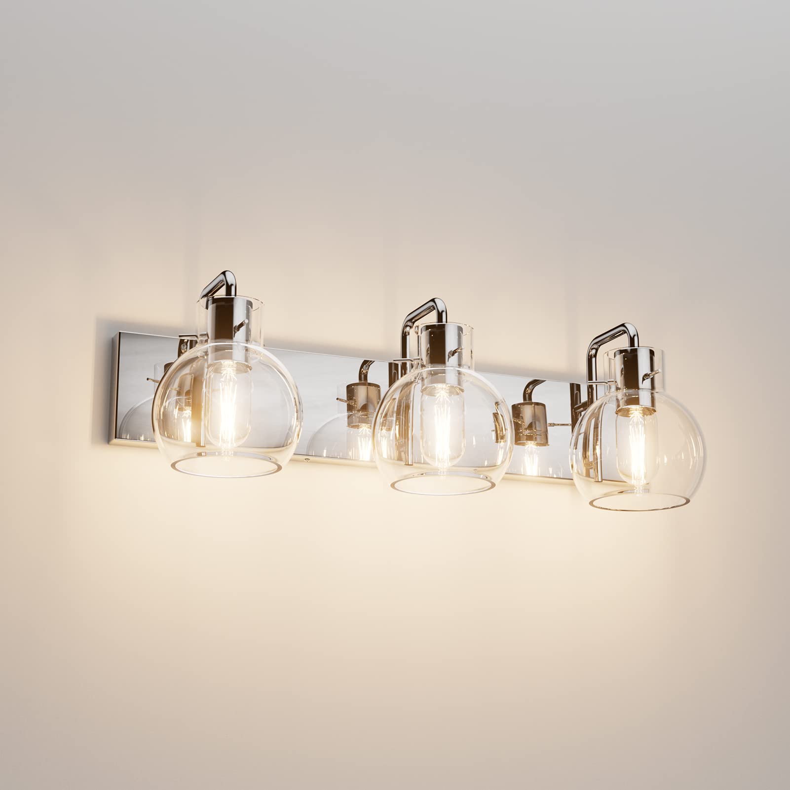 Tipace 3-Light Bathroom Vanity Lighting Fixtures, Chrome Finish, Glass Globe, Model L-7491, Industrial Farmhouse Style