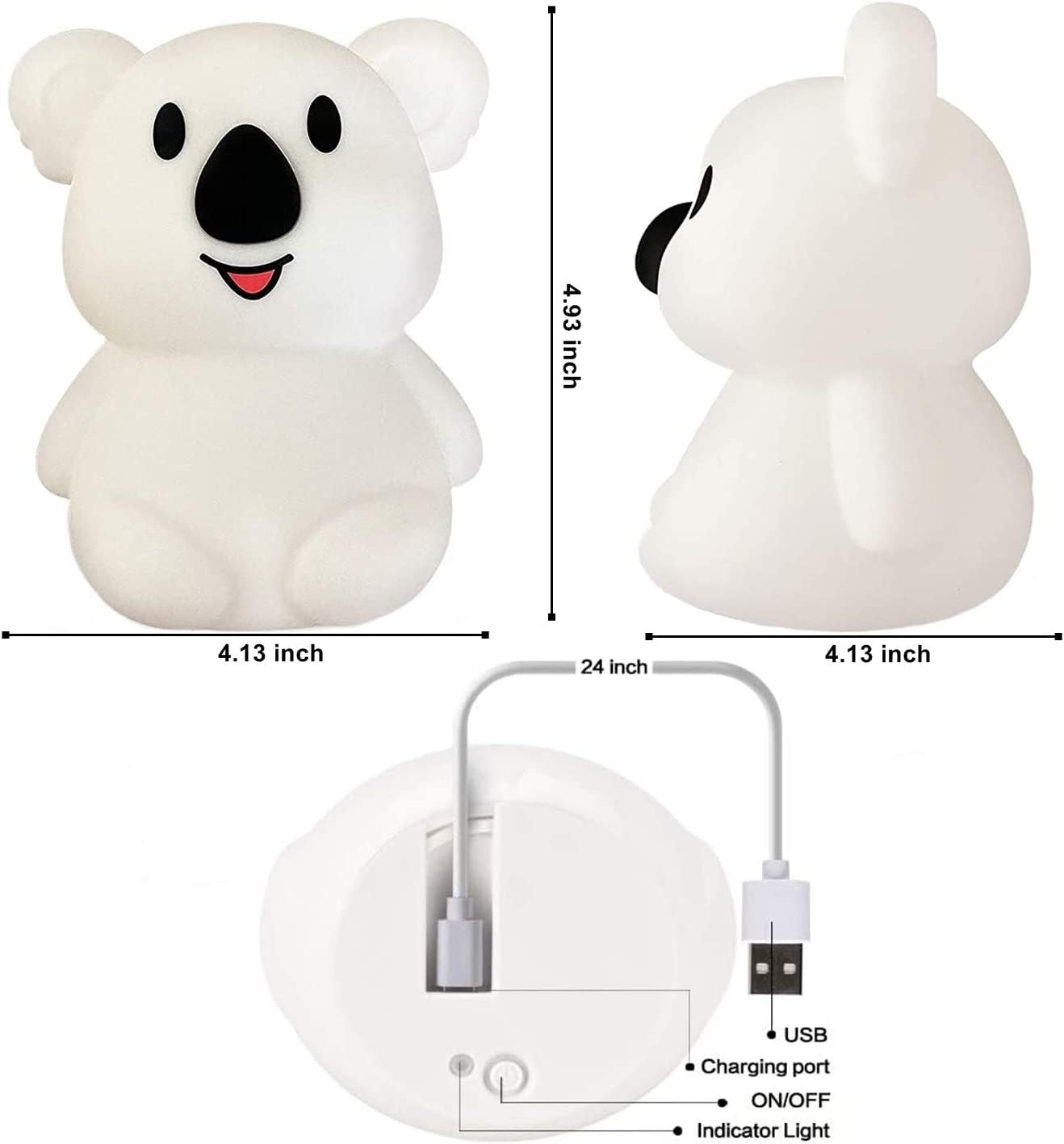 Tekemai Night Light for Kids, Adjustable Brightness & Color, Touch Control, Medium Koala, White, Model TC891-4