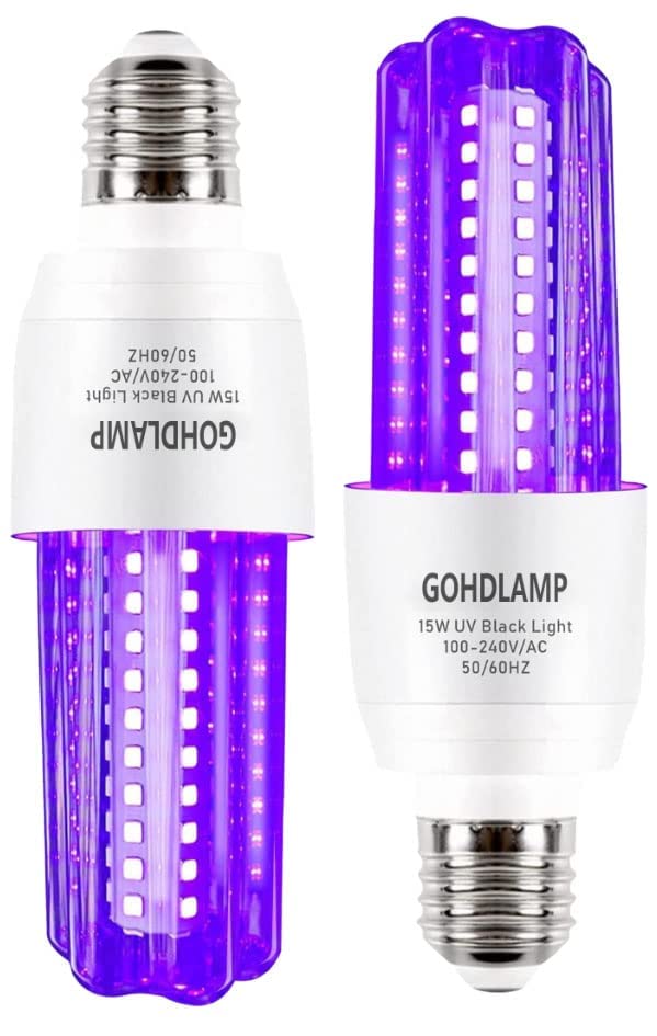 GOHDLAMP LED Black Light Bulb 15W UVA 395-400nm, Plastic, Black Light, 2 Pack