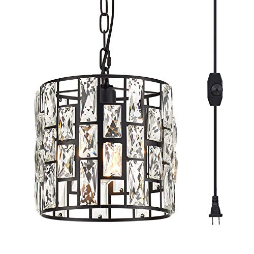 YLONG-ZS Crystal Pendant Light, Plug-in with 16.4 FT Cord, Metal, Black, Model YL20-Black for Kitchen, Living Room, Dining Room
