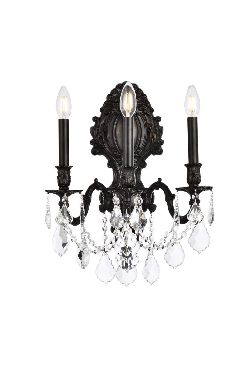 Elegant Lighting Monarch Collection 3-Light Wall Sconce with Royal Cut Crystals, Dark Bronze Finish