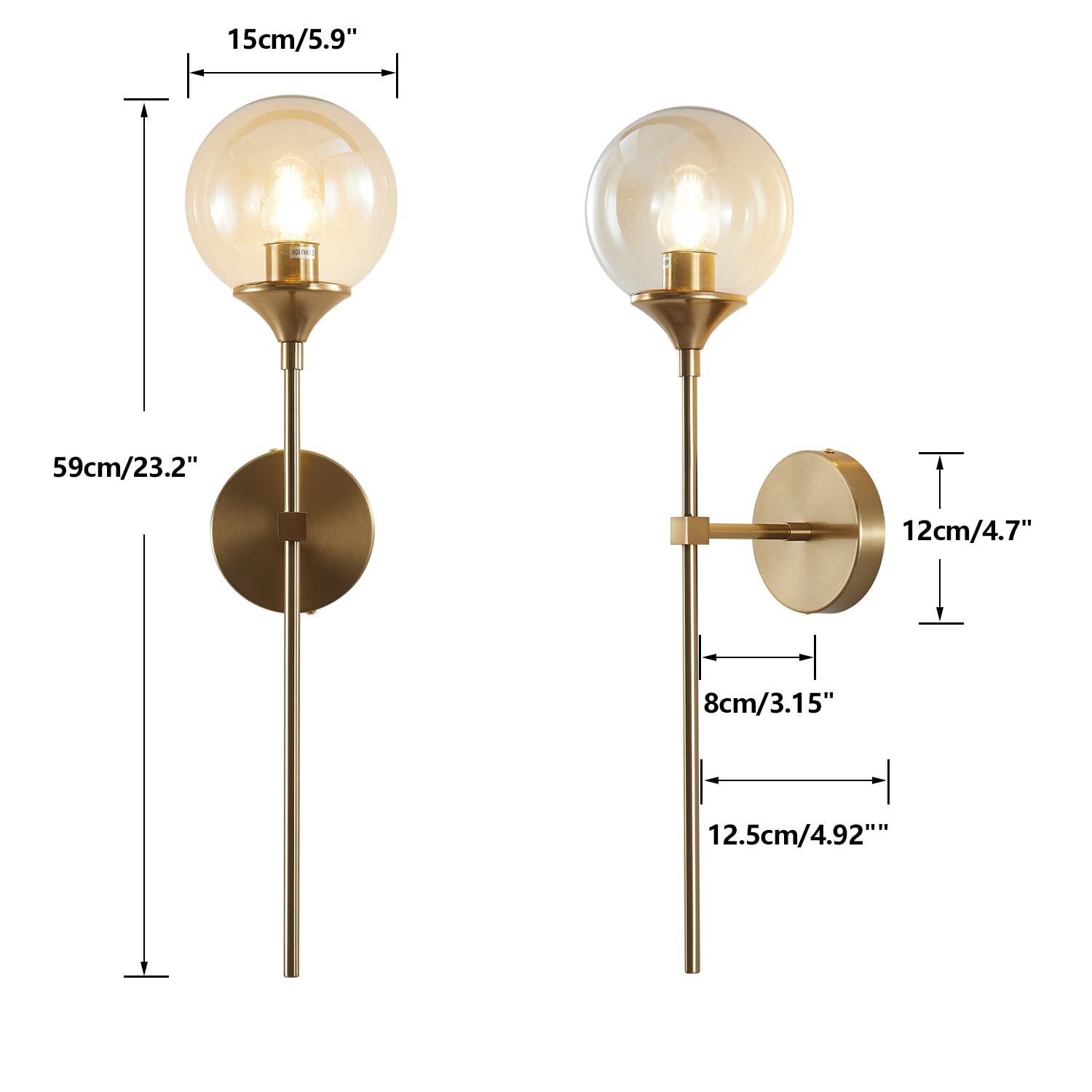 KCO Lighting Wall Sconce - Brushed Brass Gold, Amber Glass, Mid Century Modern, Model K-W1001