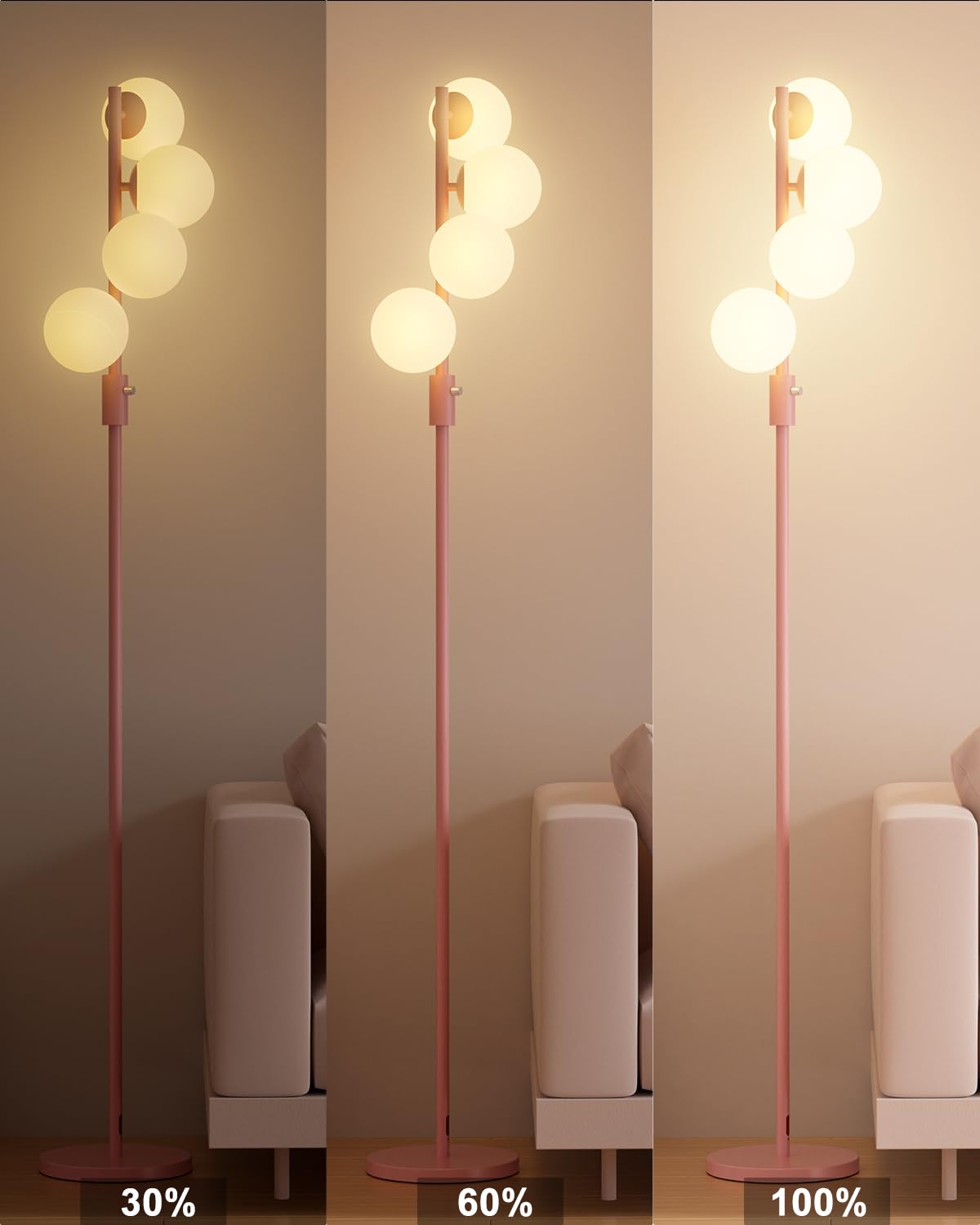 Lightdot 64IN Dimmable Globe Floor Lamp, Pink Metal with 4 G9 Bulbs, Mid Century Modern Design for Living Room