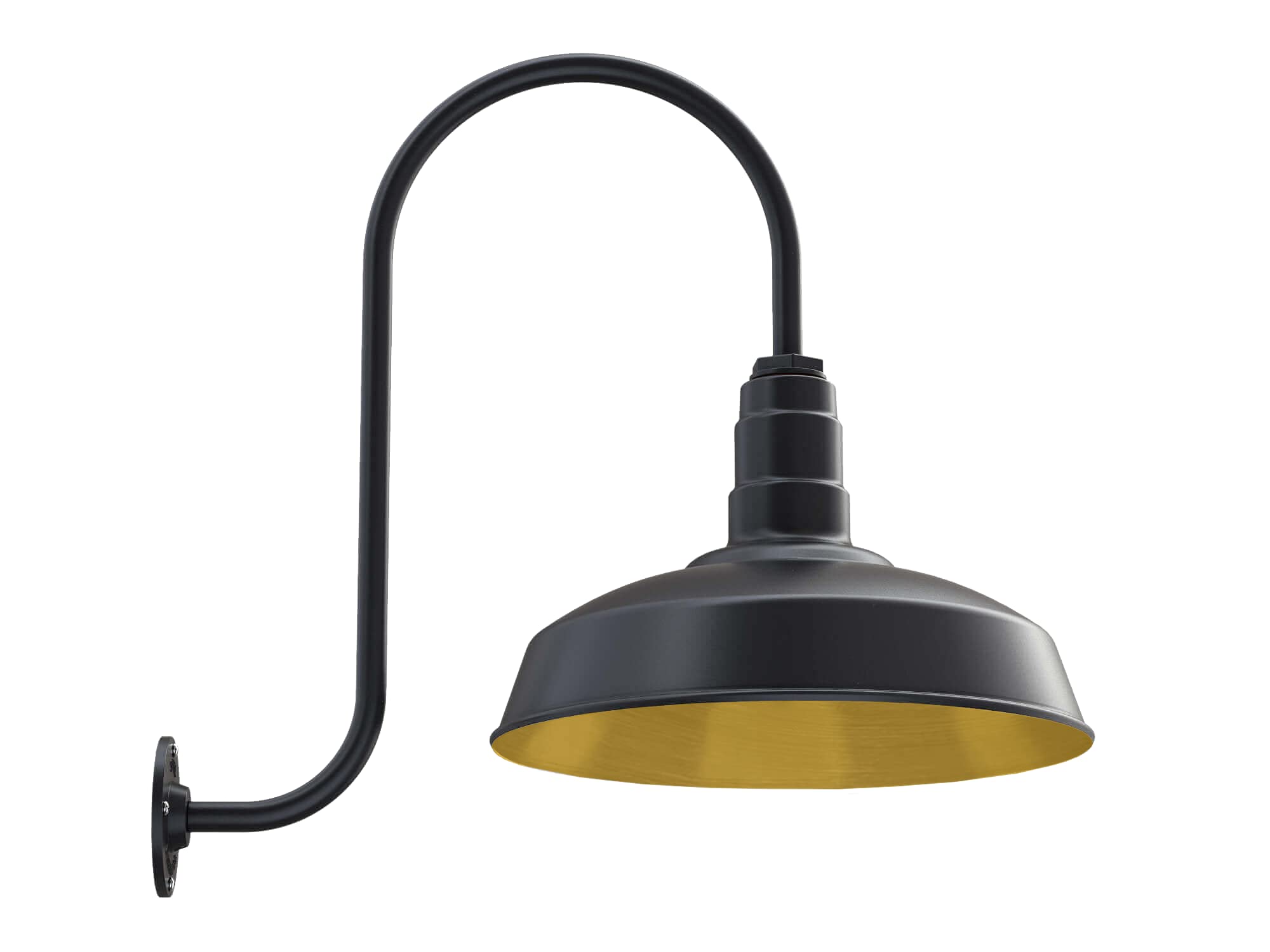Steel Lighting Co. Gardena Barn Light - 16in Dome, Upslope Gooseneck, Outdoor Wall Mounted, Matte Black/Brass Interior, Dusk to Dawn