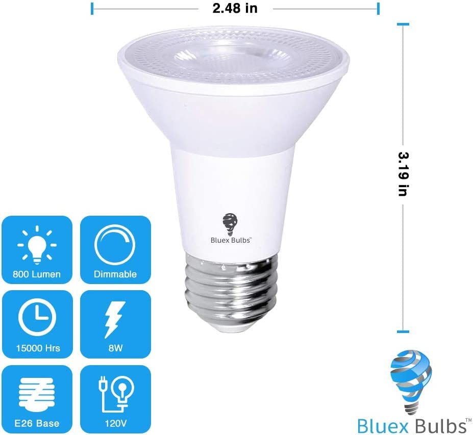 Bluex Bulbs 10 Pack PAR20 LED Flood Light Bulbs 8W Dimmable 500 Lumens Cool White 4000K Waterproof E26 for Indoor/Outdoor Use