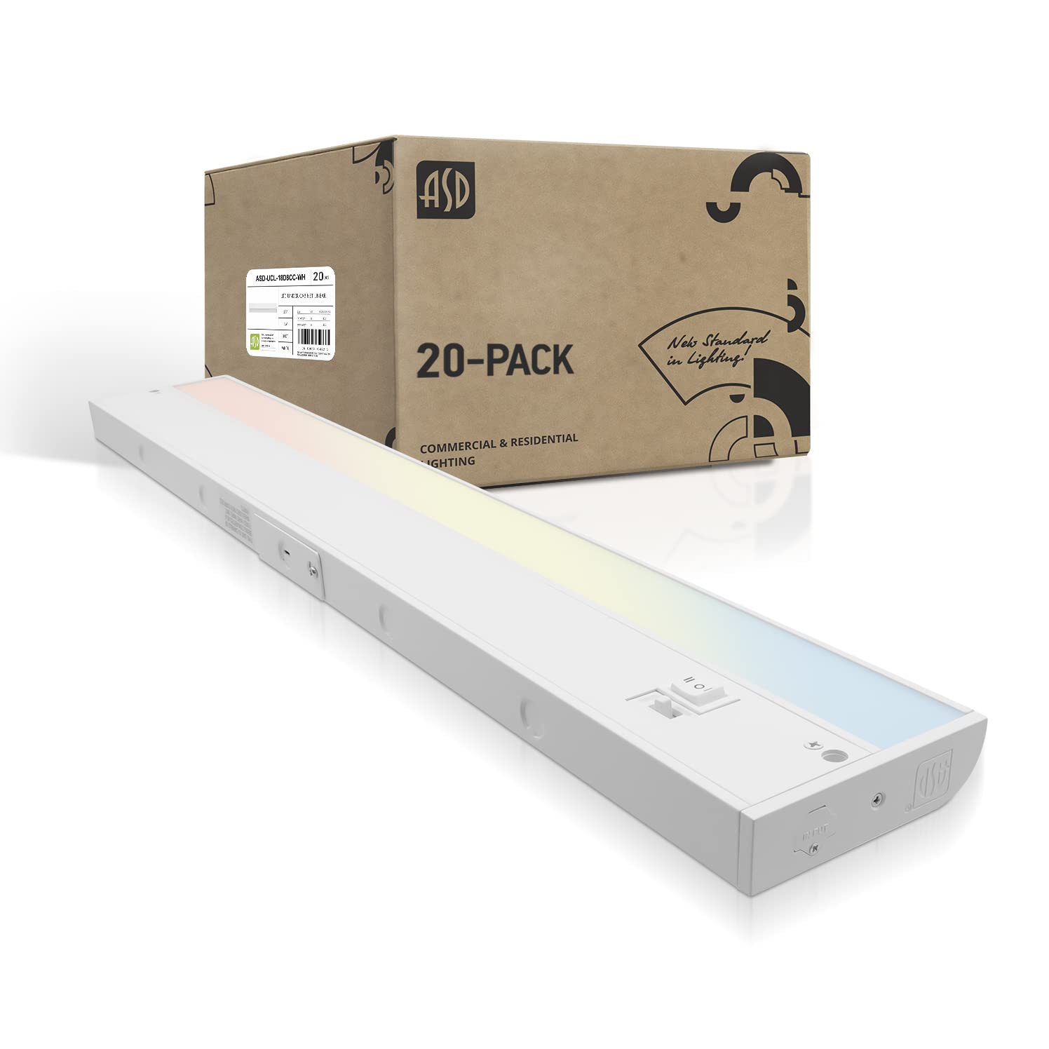 ASD LED Under Cabinet Lighting 18 Inch, Dimmable, 3 Color Levels, Aluminum, 20-Pack, ETL & Energy Star, Model ASD-UCL-18D8CC-W