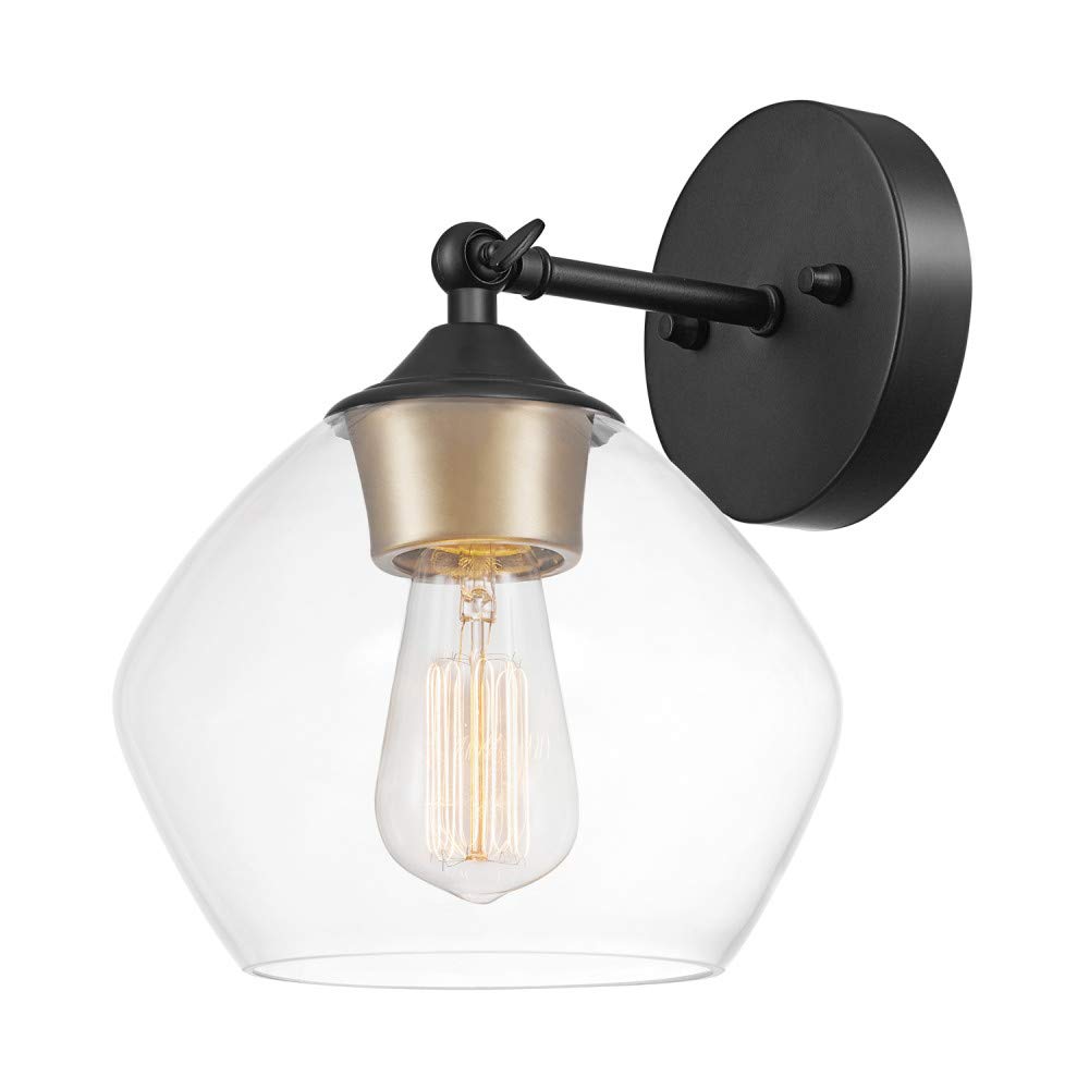 Globe Electric 1-Light Wall Sconce, Matte Black, Gold Accent, Clear Glass Shade, 10.6in, Model 51367