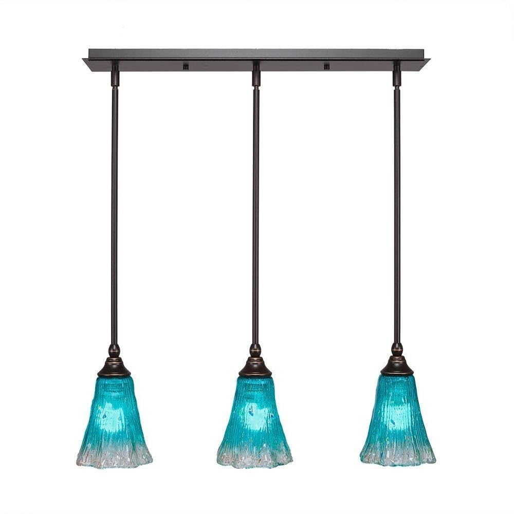 Toltec Lighting 25-Dg-725 3 Light Multi-Light Mini Hang Straight Swivel Pendant With Fluted Teal Crystal Glass, 5.5&quot;, Dark Granite