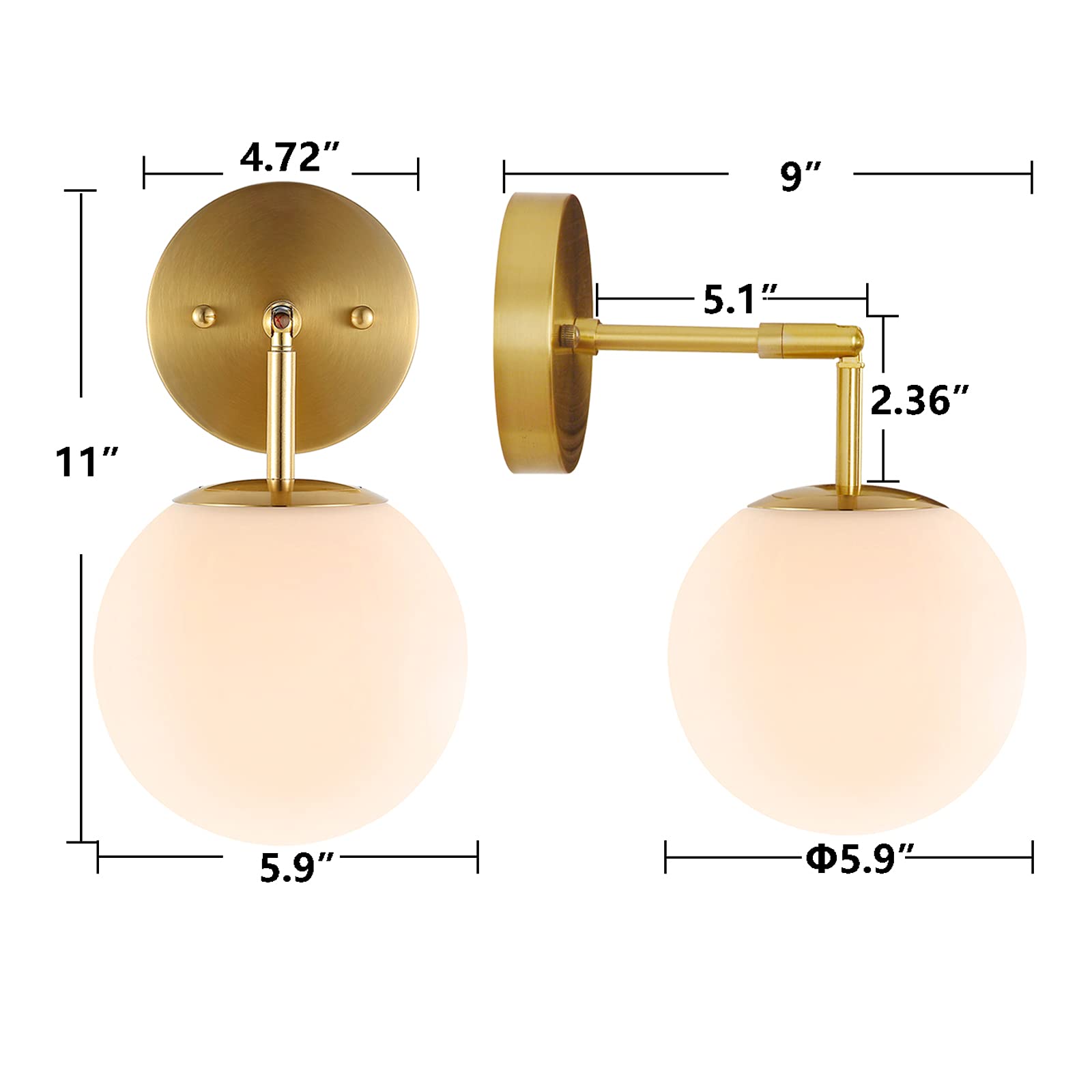 Baoden Modern Wall Sconce Industrial Mid Century Bathroom Vanity Wall Light With White Globe Glass Lampshade Brushed Brass Finis