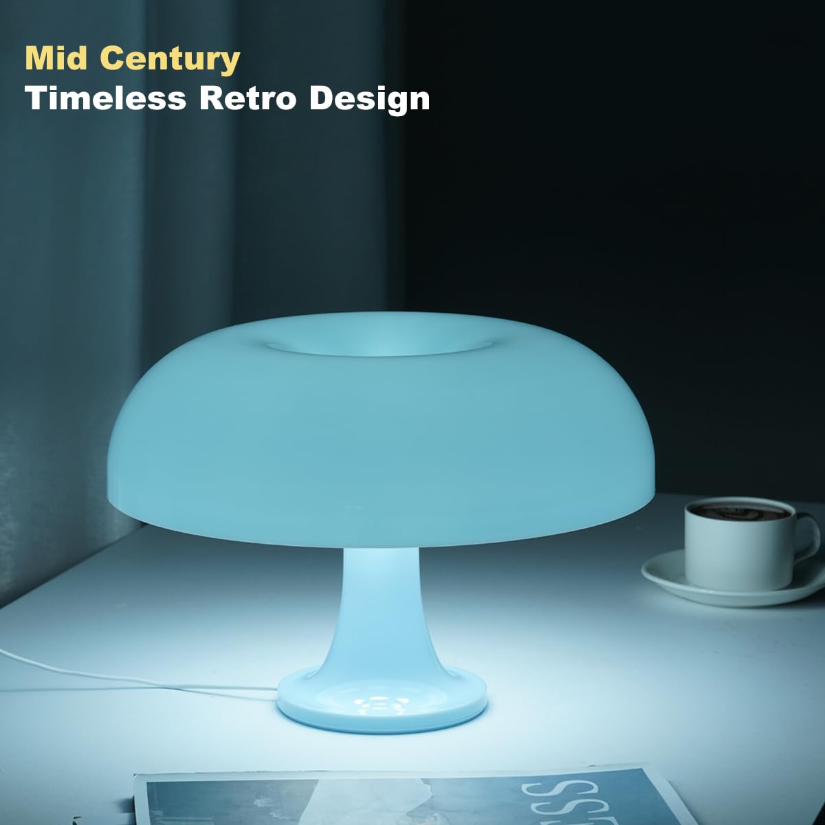 Fanhao Light Blue Mushroom Lamp, 70S Retro Midcentury Lamp For Room Aesthetic Modern Lighting For Bedroom, 3-Way Dimmable, Cool