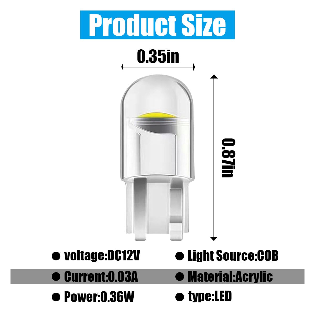 Joycourt 30Pack 194 Car Led Light Bulbs, 0.36W 12V T10 6000K Interior Lights, 168 2825 W5W Wedge Cob Led Replacement Bulbs, Universal Dashboard Light, Dome Light, Sign Light, License Plate Light