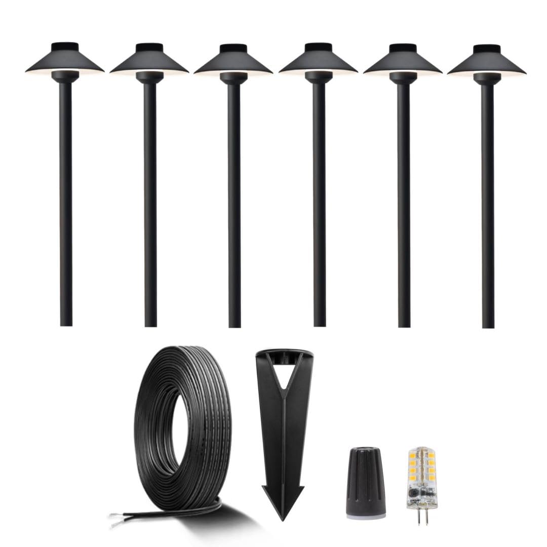 Gardenreet Brass Low Voltage Black Path Lighting Kit (6 Pack Path Lights) with 100 Feet Cable and 30Pack Wire Connectors for Out