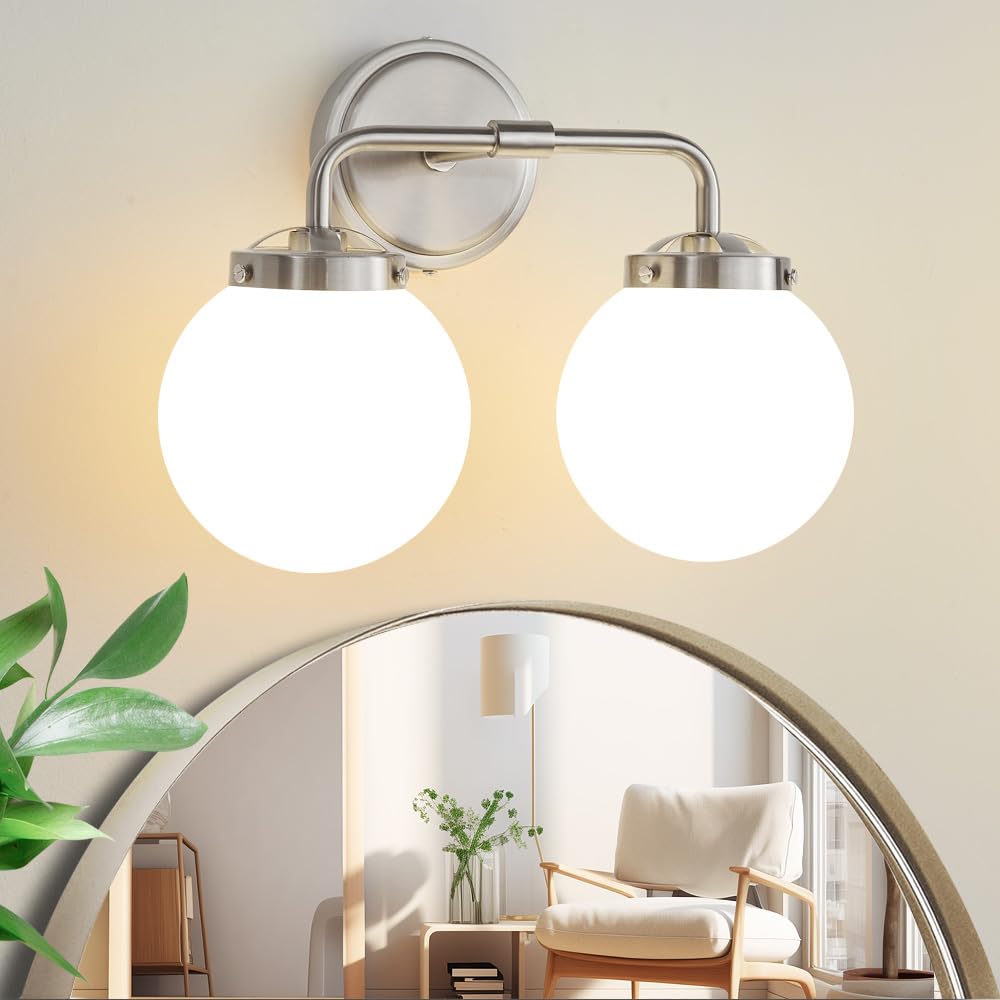 Deyidn Bathroom Light Fixtures Over Mirror, Brushed Nickel Modern Vanity Lighting With Milk White Glass Globe Shades 2-Light Far