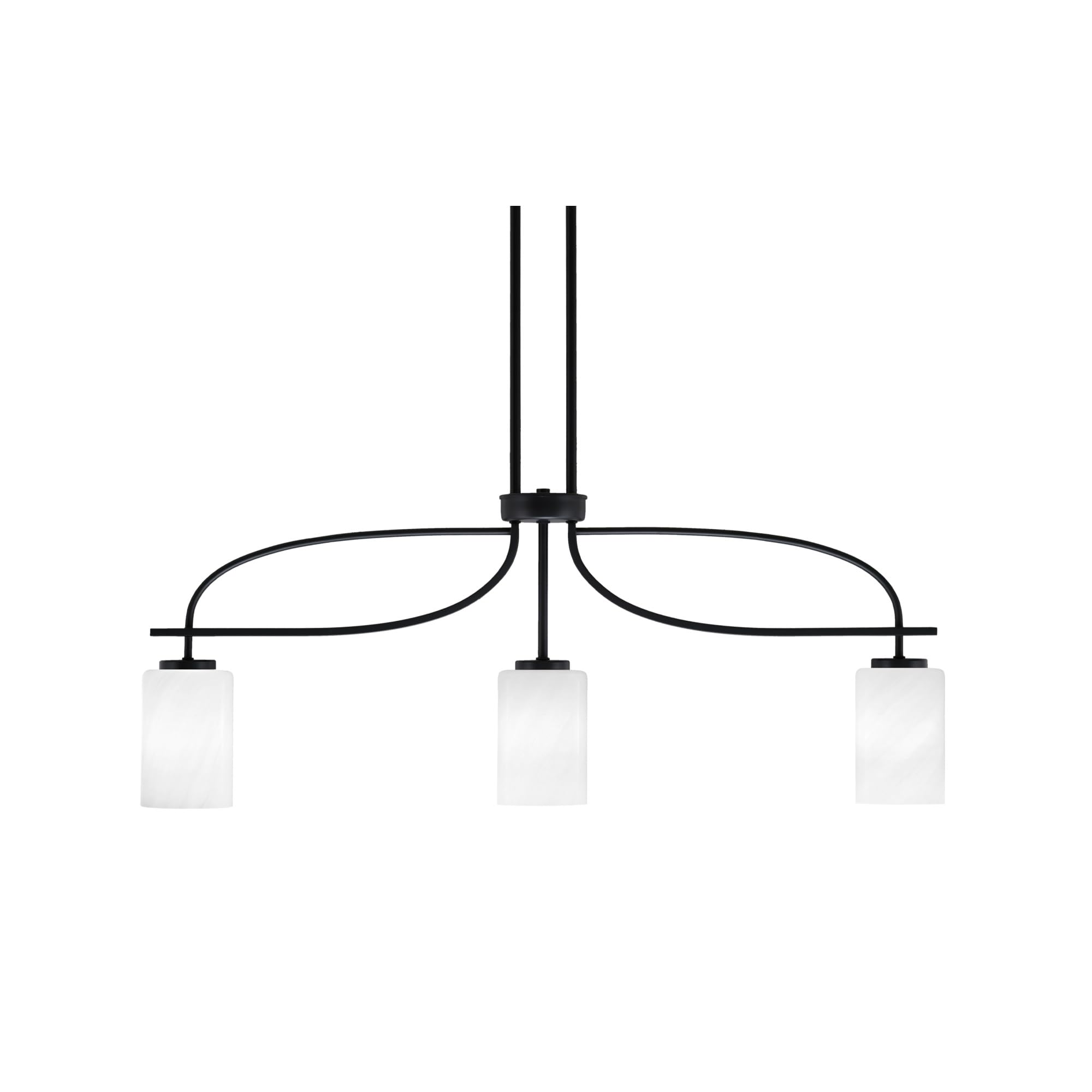 Cavella 3 Light Island Light Shown in Matte Black Finish with 4&quot; White Marble Glass
