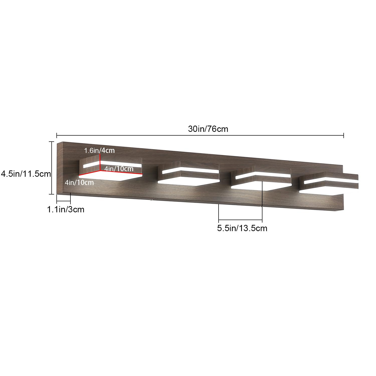 SineRise LED Bathroom Vanity Light - 4-Light, 30-Inch, Brown Wood, Stainless Steel, Cool White 6000K, Model c97a3430-f5af-4