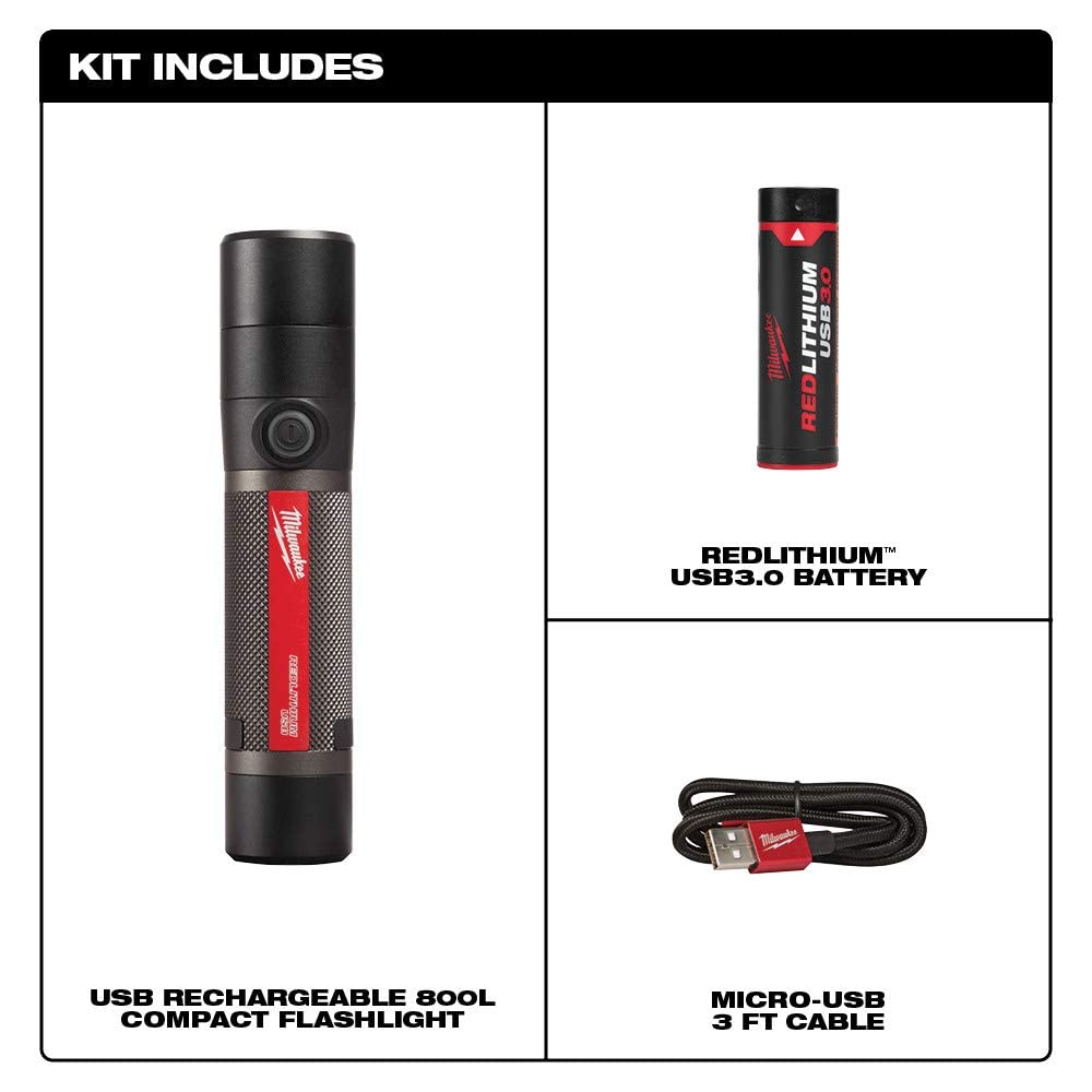 Milwaukee LED Rechargeable Flashlight 800L, Aluminum, Black, Model 2160-21