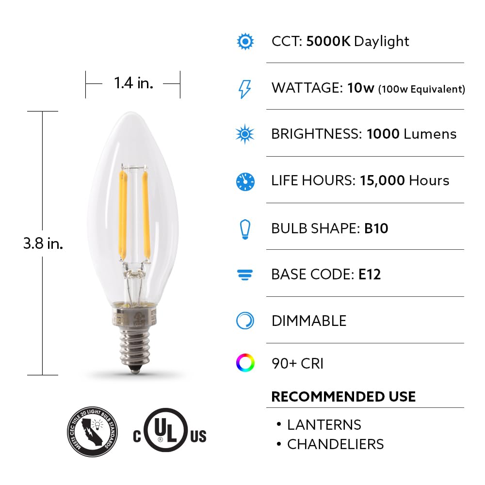 Feit Electric Led Candelabra Light Bulb, 100W Equivalent, Dimmable, E12 Base, 5000K Daylight, B10 Filament Torpedo Tip Decorativ