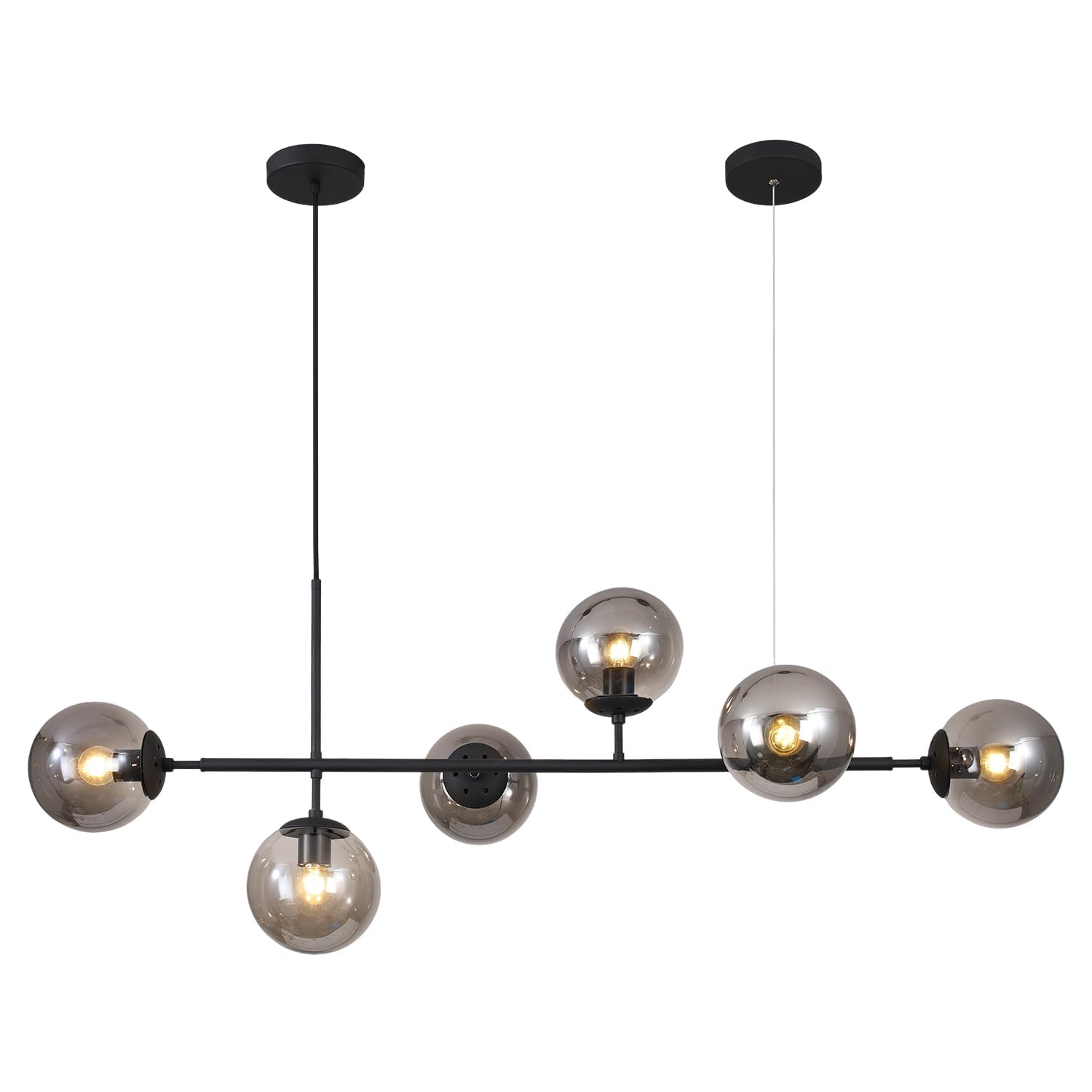 Kco Lighting 6-Light Mid Century Modern Rectangle Sputnik Chandelier Black Farmhouse Linear Chandelier Glass Globe Pendant Light
