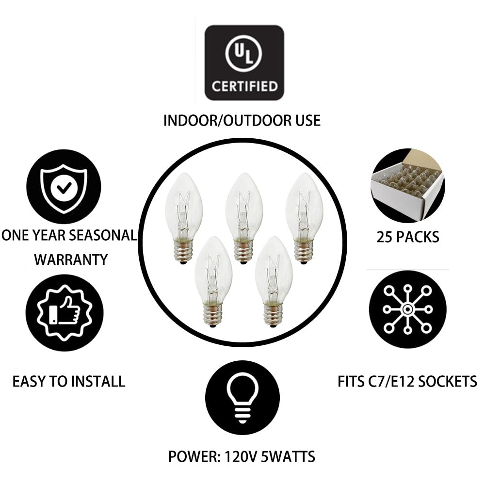 HUAZHQING C7 Incandescent Replacement Bulbs, 25 Pack, Clear Glass, 120V 5W, E12 Candelabra Base for Night Lights