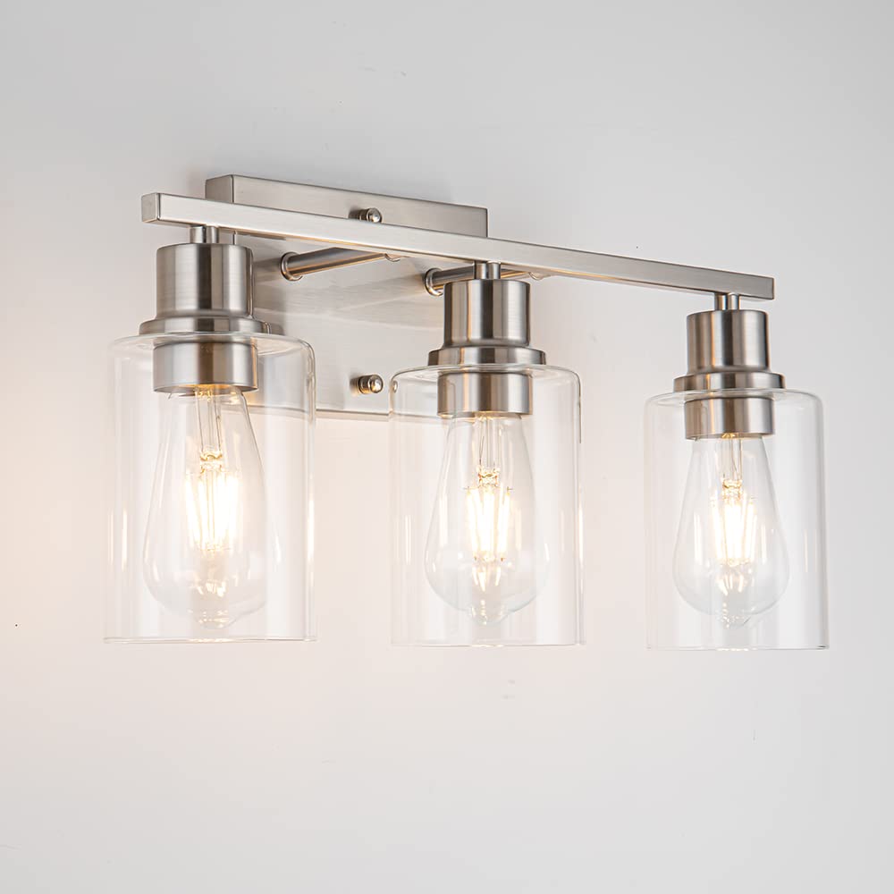 Emong Brushed Nickel Bathroom Light Fixtures, 3-Light Vanity Lights With Clear Glass Shade, Wall Sconces For Hallway, Farmhouse,