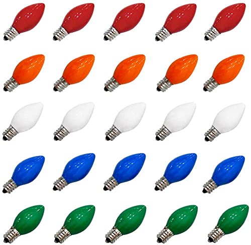 Romasaty C7 LED Replacement Bulbs, Multi-Color, 25 Pack, Plastic, C7/E12 Base, 0.6 Watt