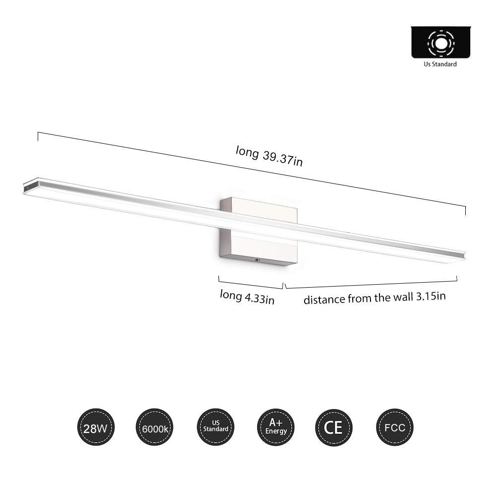 BRIVOLART Bathroom Vanity Light Bar, 28W LED, 40in Stainless Steel, Chrome Finish, Model 6420
