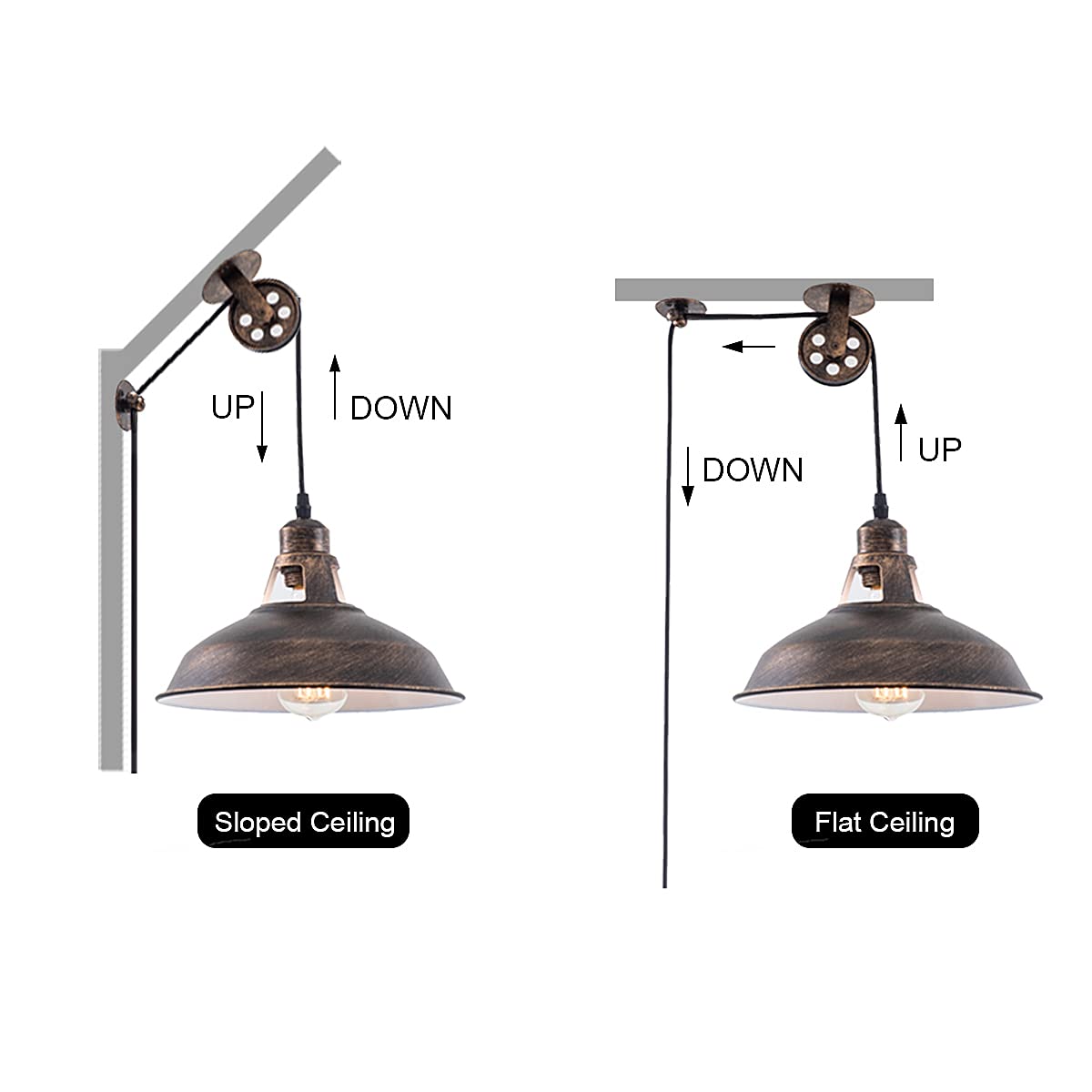 Lovefindahome Industrial Pulley Pendant Light, Vintage E26 Fixture, Aged Bronze, 16.4ft Cord, 2 Pack for Kitchen, Pool Table, Houseplant