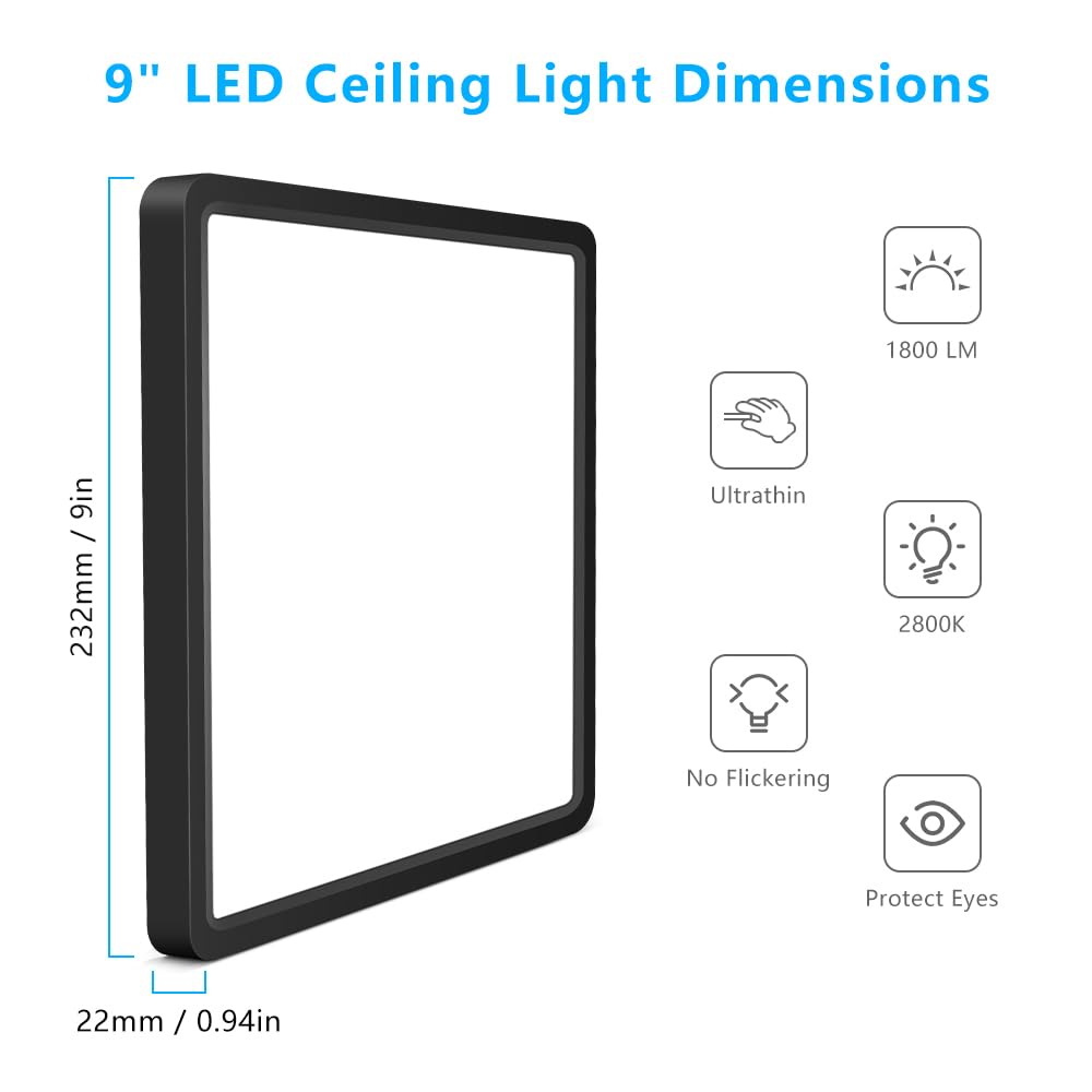 9Inch 18W Square Led Ceiling Light Fixtures Flush Mount  3000K Warm White Led Ceiling Lamp  Surface Mount Modern Ceiling Lights  Slim Flat Panel Lighting For Bedroom  Kitchen  Bathroom Etc.Black