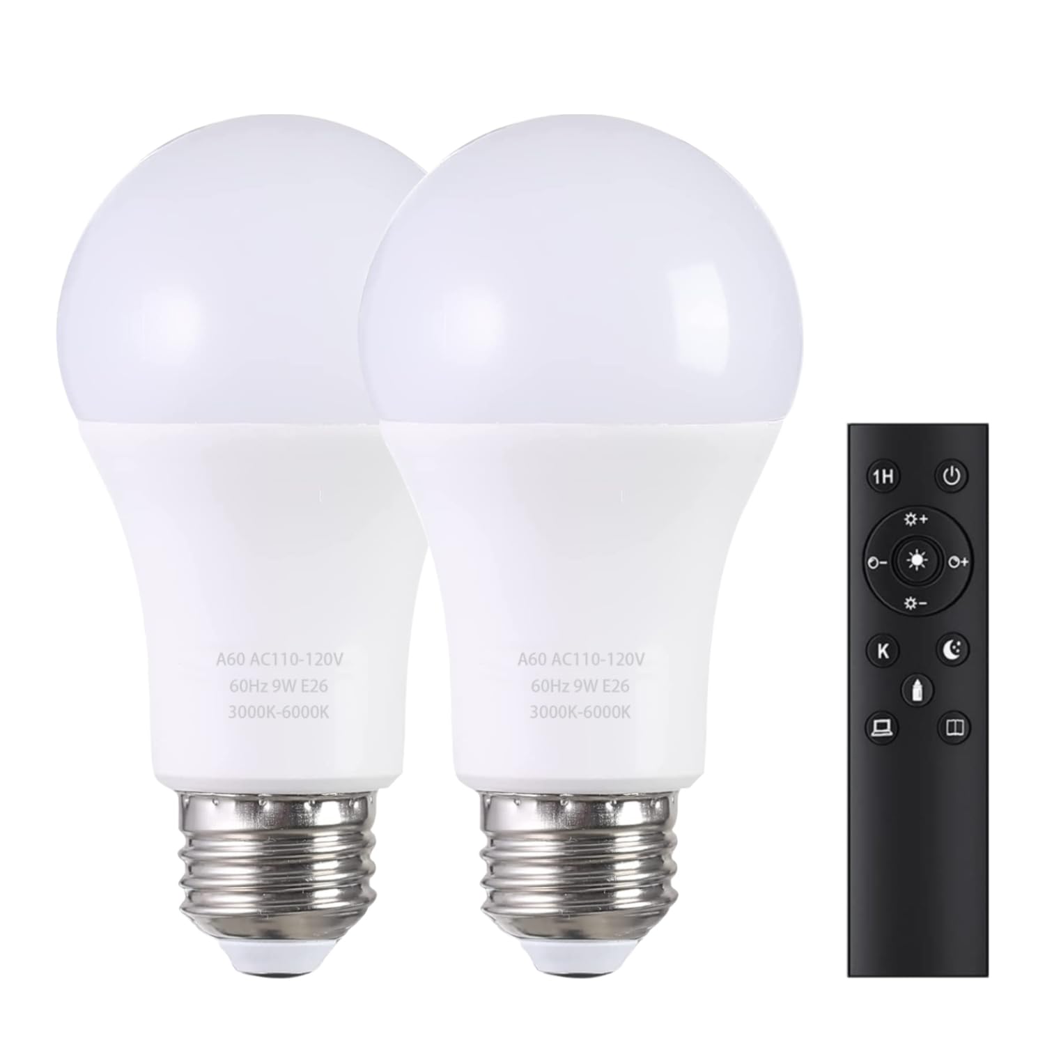 MXhme A19 LED Light Bulbs with Remote Control 1100LM 12W (80W Equivalent) LED Bulbs Stepless Dimmable 3000K-6000K E26 Base CRI 80+ 2.4GHz Light Bulb for Home Decor 2Bulb&1Remote