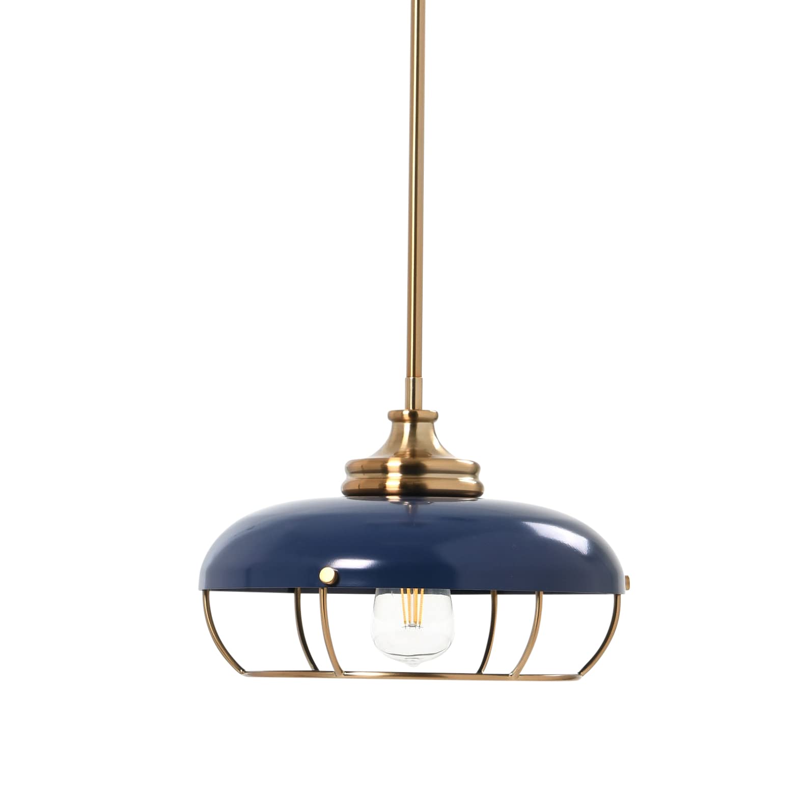 Robert Stevenson Lighting Presley - Caged Dome Metal Ceiling Light, Brushed Brass and Navy Blue